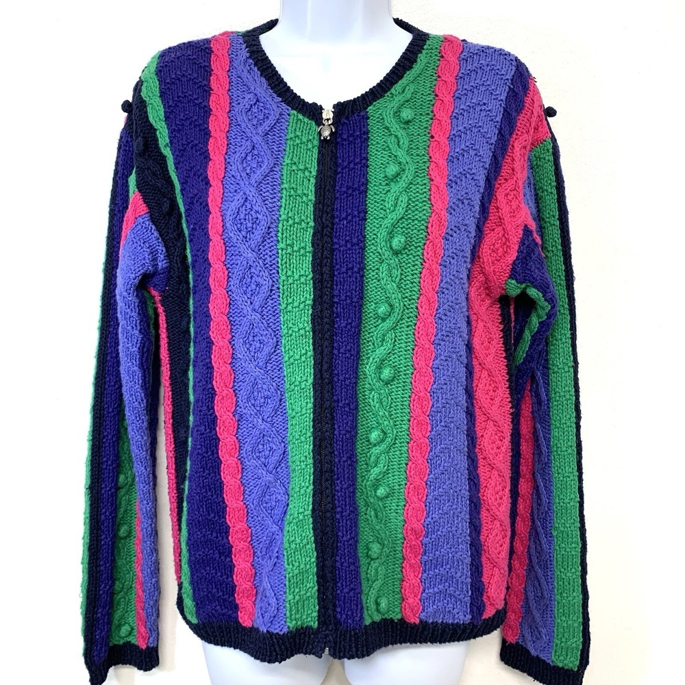 Eagles Eye Vintage Striped Cable Knit Zip Cardigan Small Turtle Pull Colorful